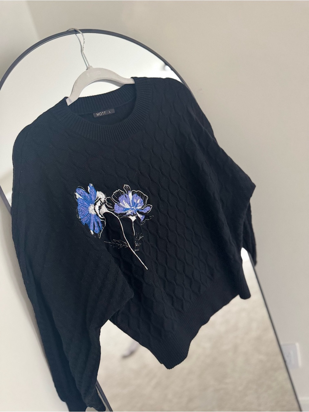 Motf Knit Sweater with Blue Floral Embroidery